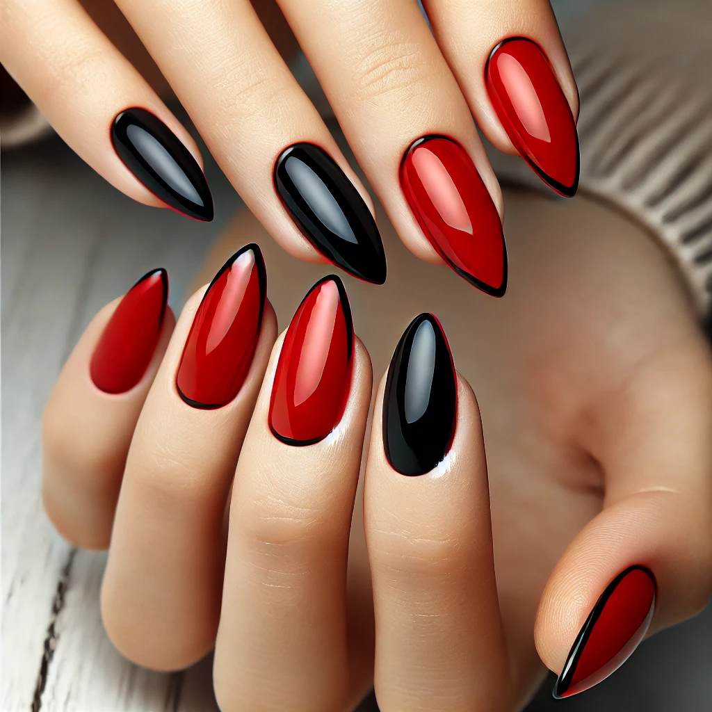 Red Almond Nails with Black Tips