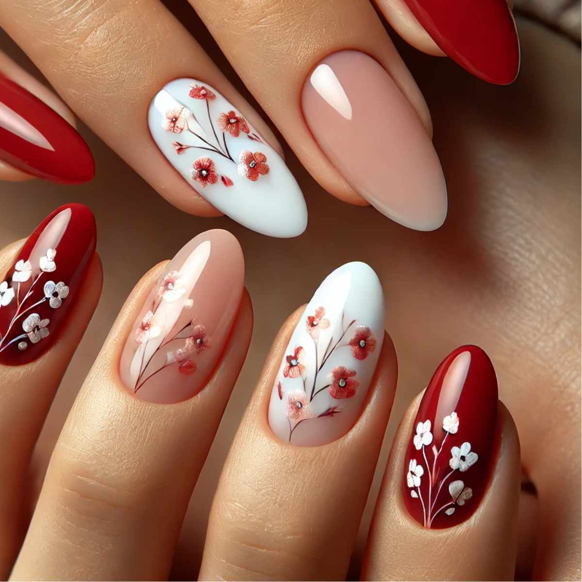 Red Almond Nails with Floral Accents