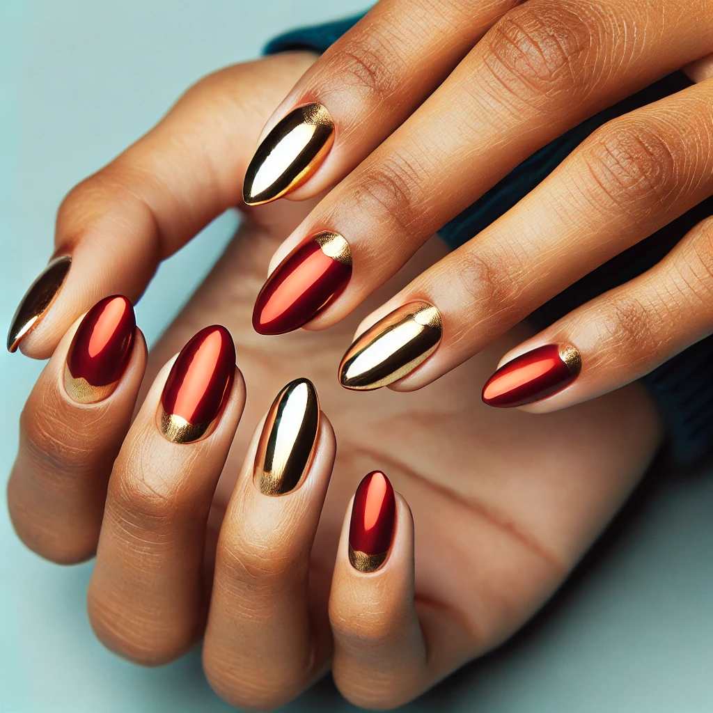 Red Almond Nails with Gold Tips