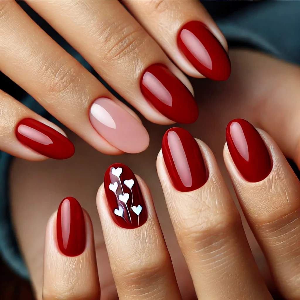 Red Almond Nails with Heart Accents