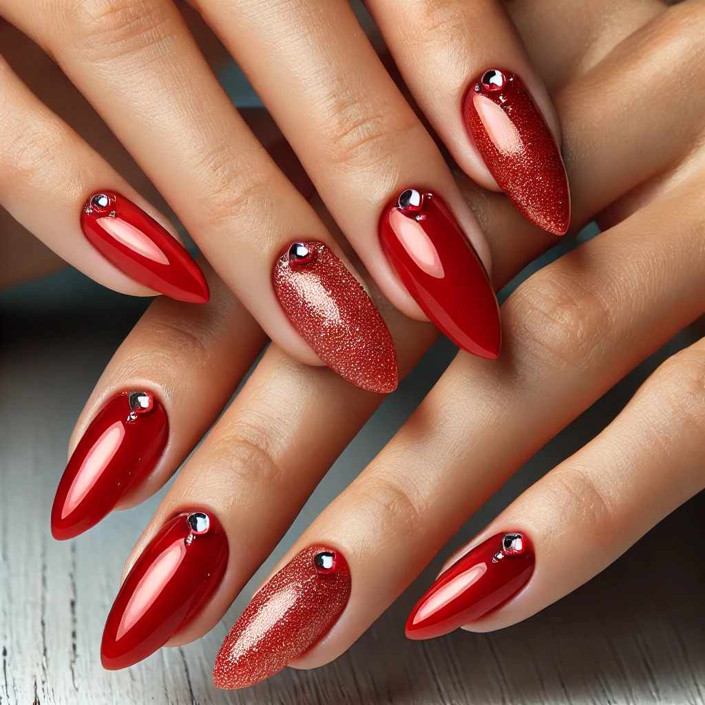 Red Almond Nails with Rhinestone Accents