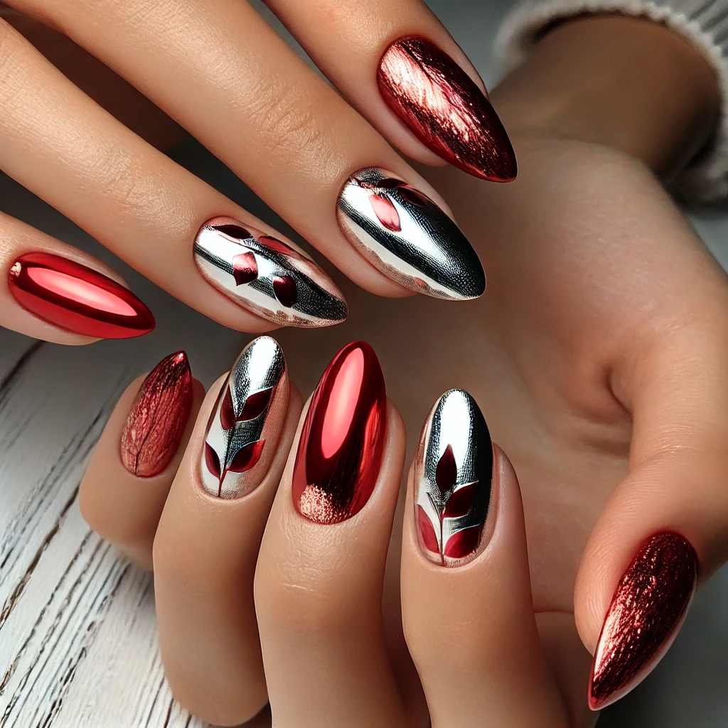 Red Almond Nails with Silver Foil