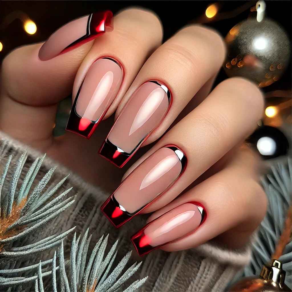 Red Chrome French Tips with Glossy Nude Base