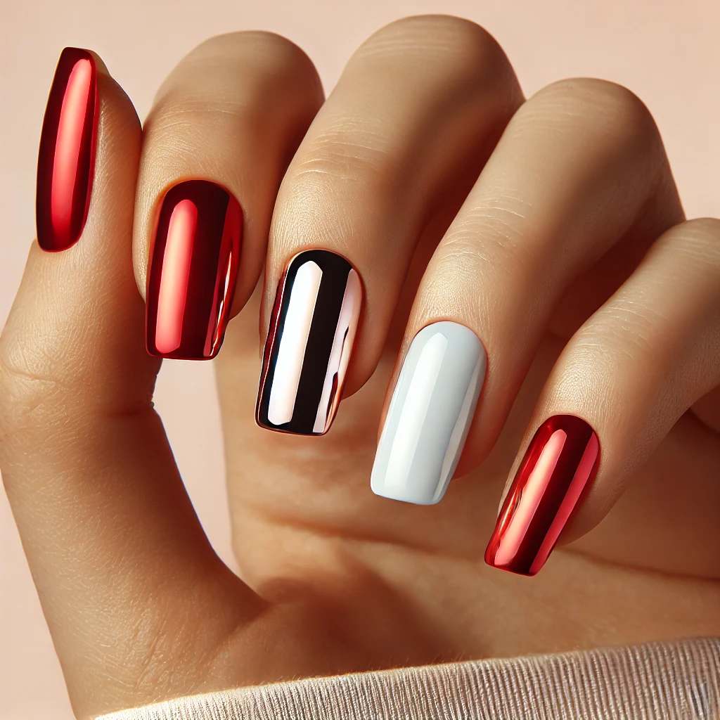 Red Chrome and White Accent Nail