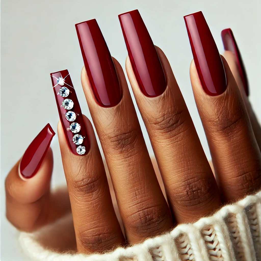 Red Coffin Nails with Rhinestone Accents