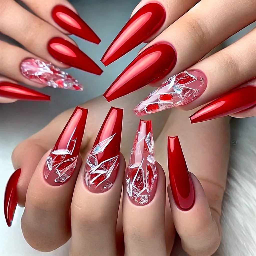 Red Coffin Nails with Shattered Ice Effect