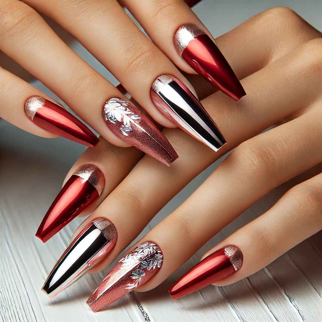 Red Coffin Nails with Silver Foil Accents