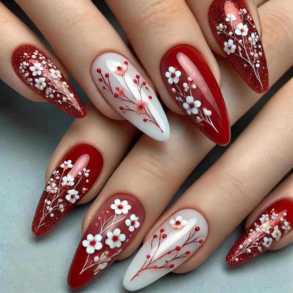 Red Floral Coffin Nails