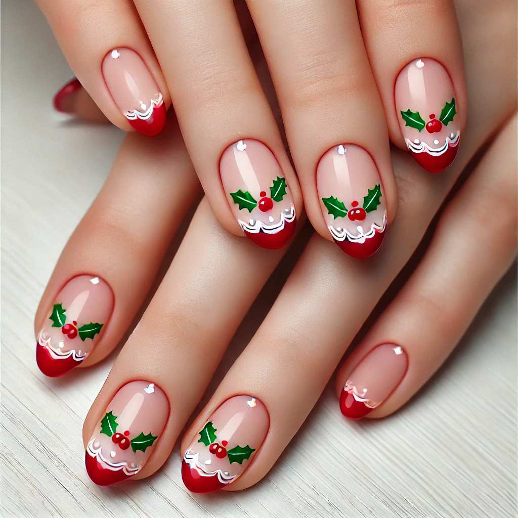 Red French Tips with Festive Green Details