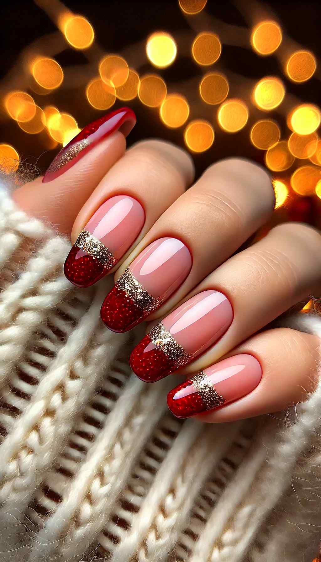 Red French Tips with Gold Sparkle Edge