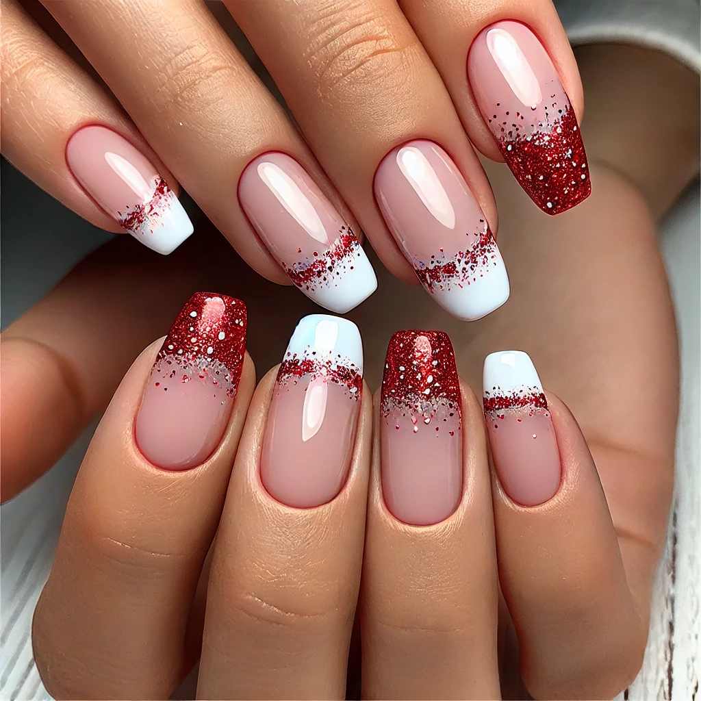 Red Glitter Tips on White Base