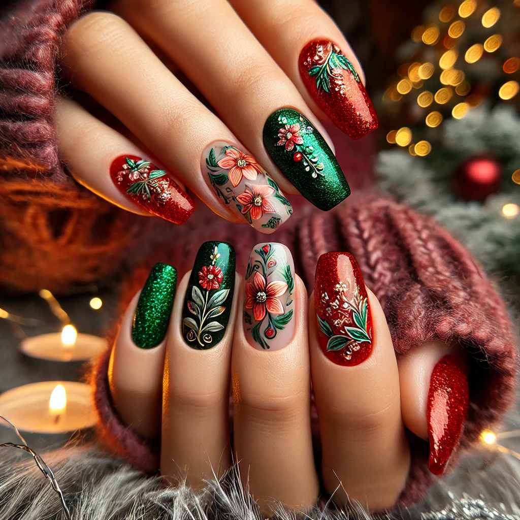 Red & Green Florals with Glittery Accents