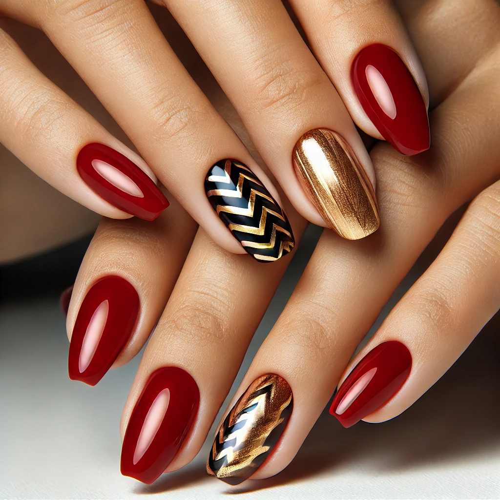 Red Nails with Gold Chevron Accents