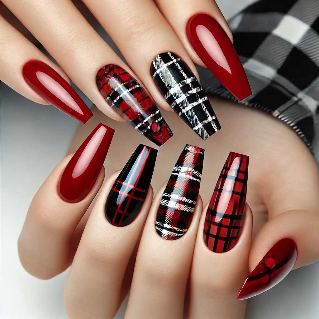 Red Plaid Coffin Nails