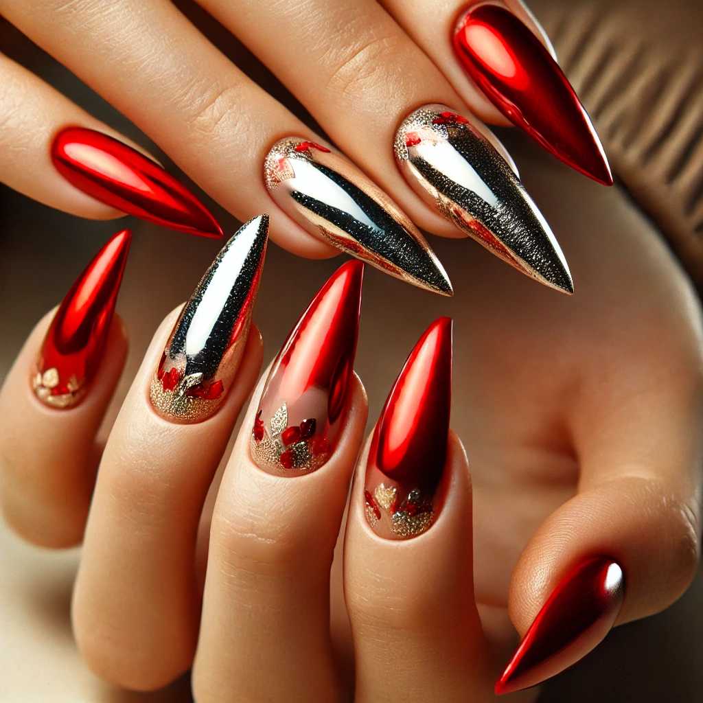 Red Stiletto Nails with Metallic Foil