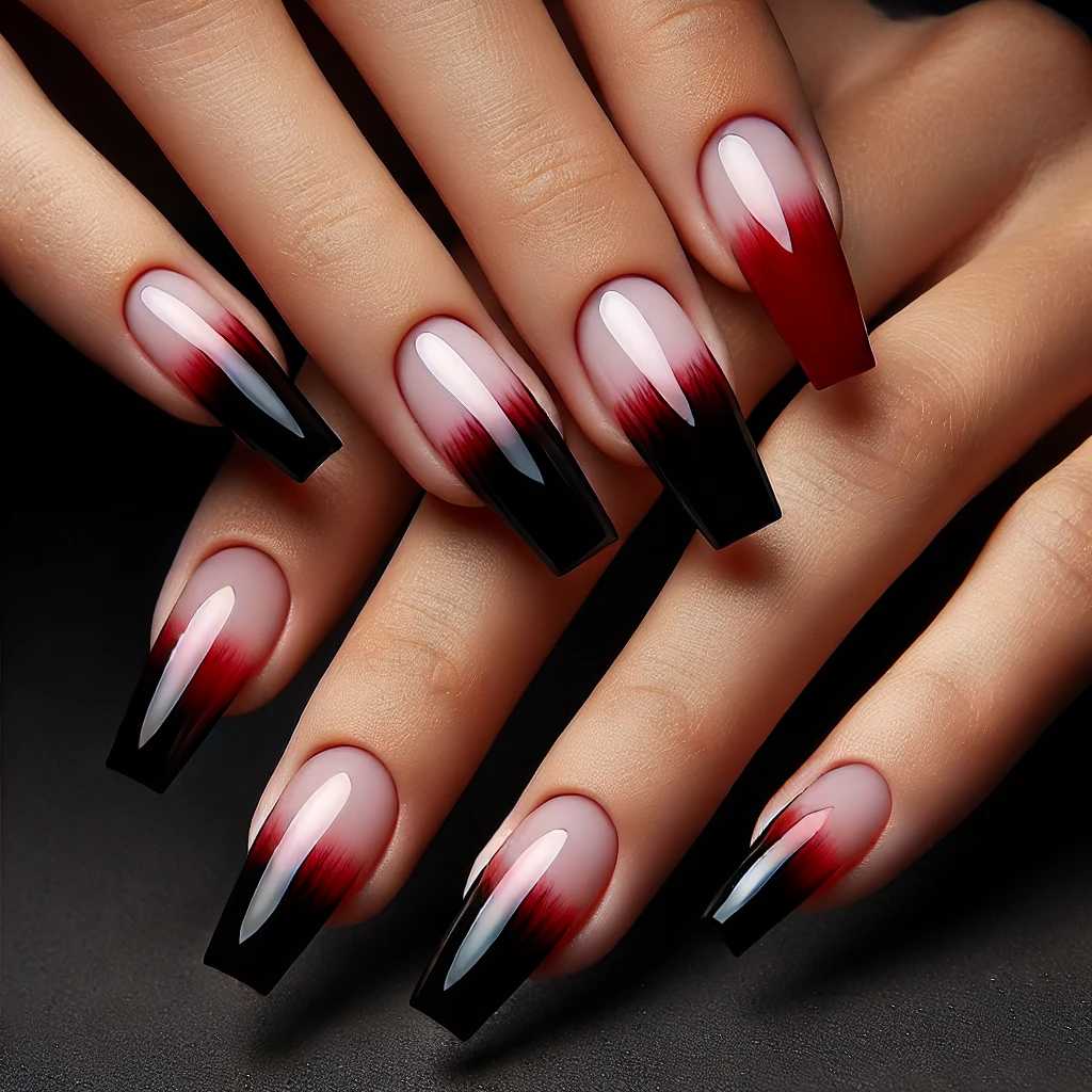 Red and Black Ombre Coffin Nails