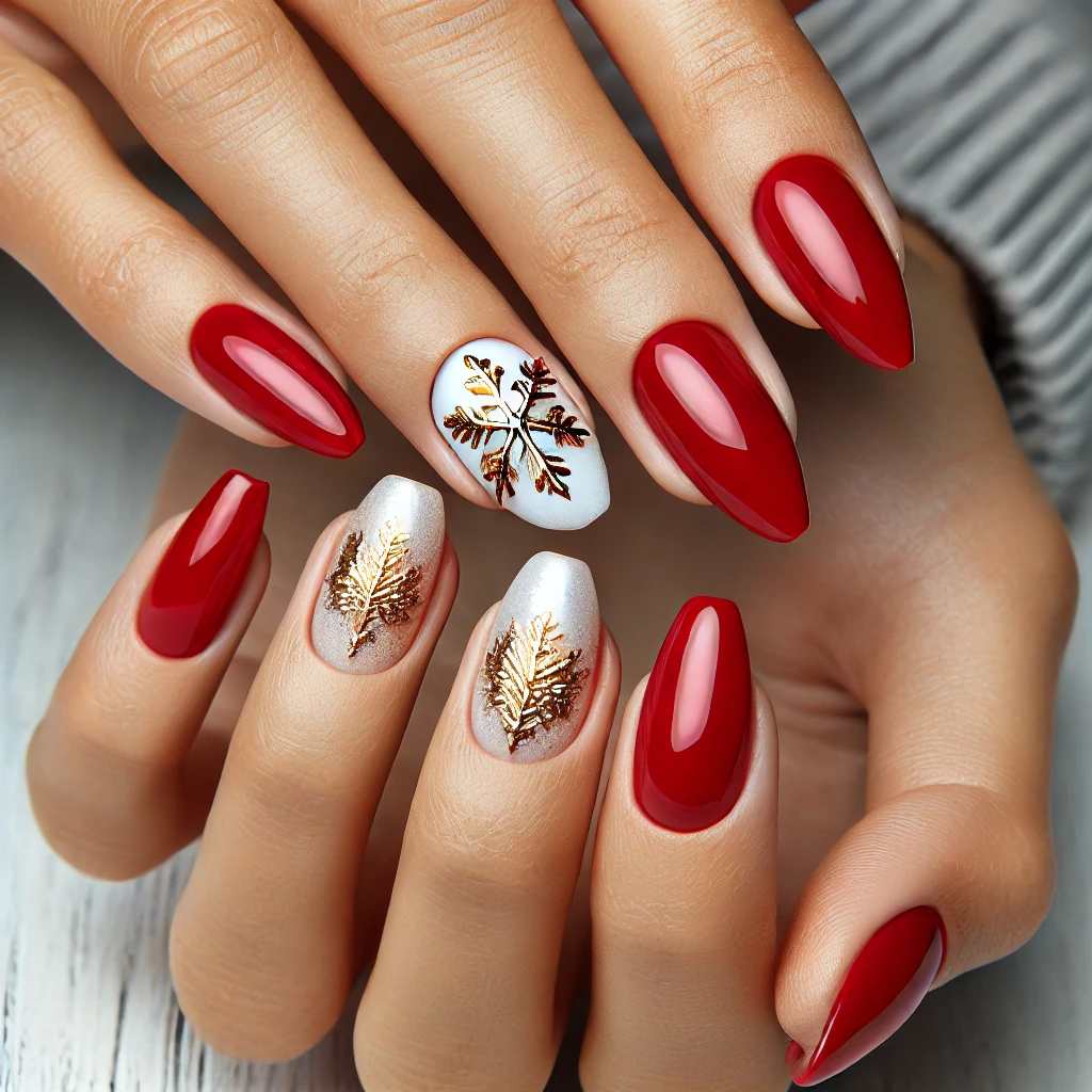 Red and Gold Accent Nails with Snowflakes