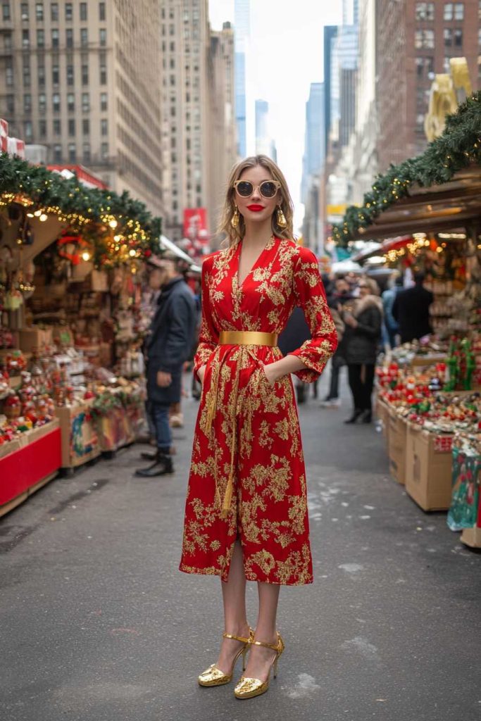 Red and Gold Fit-and-Flare Dress