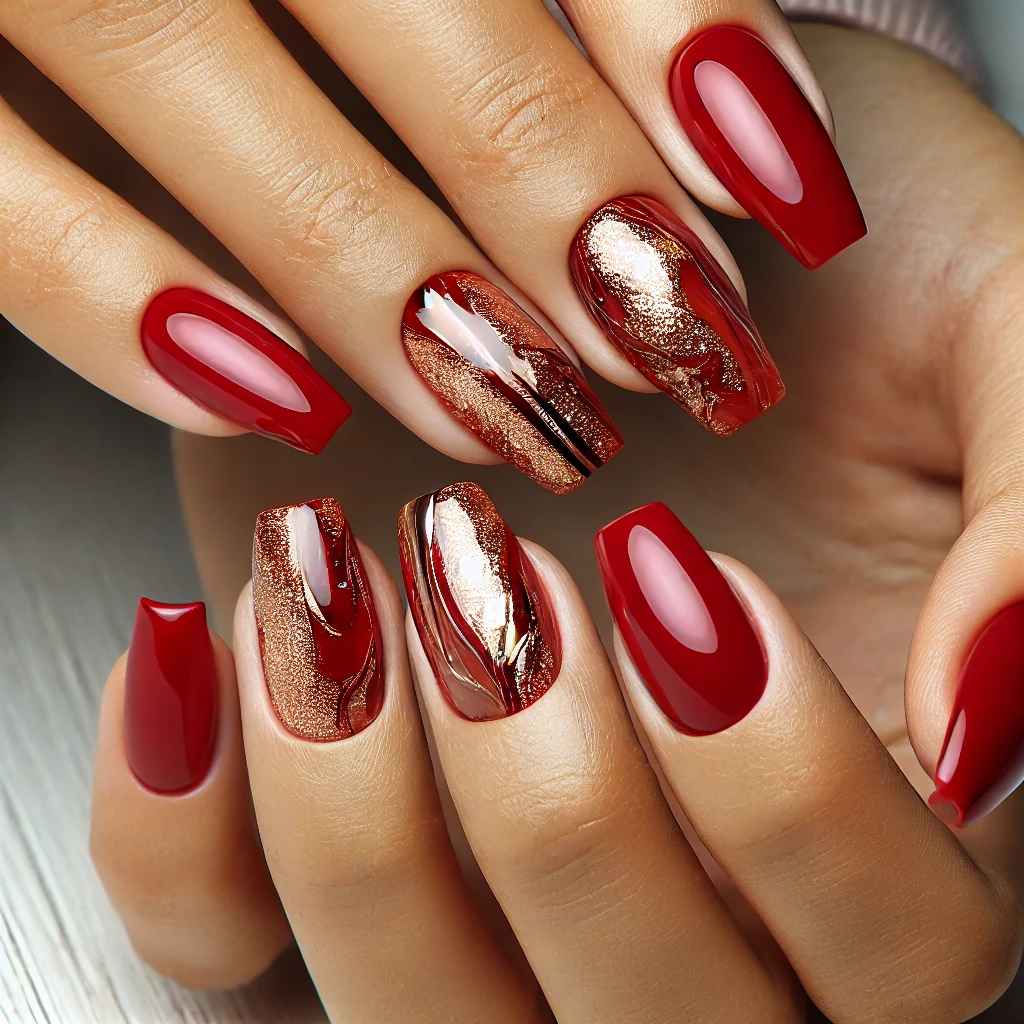 Red and Gold Marble Nails 