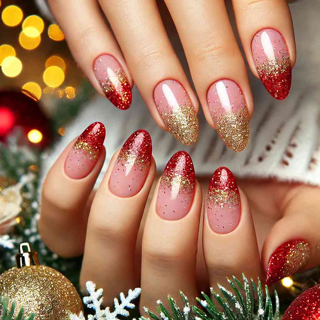 Red and Gold Sparkle French Tips