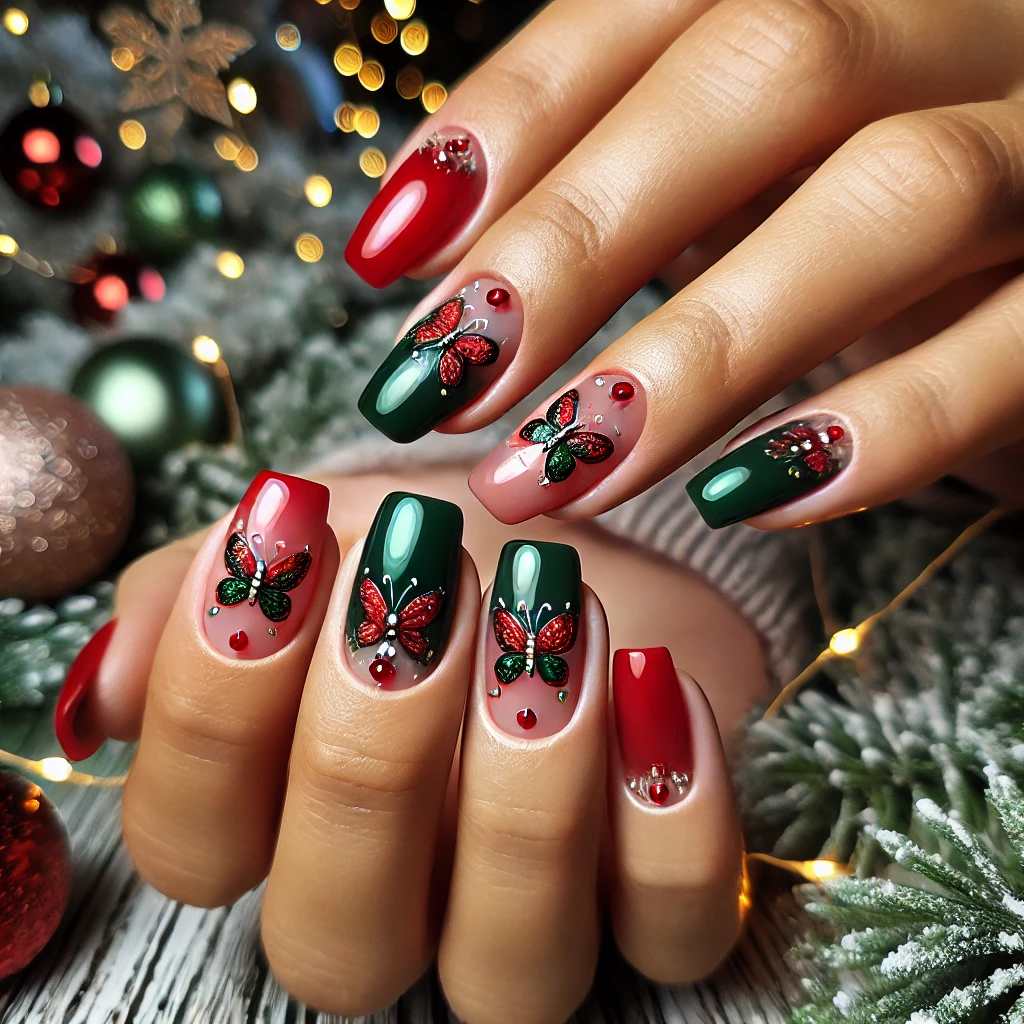 Red and Green Butterfly Nail Art