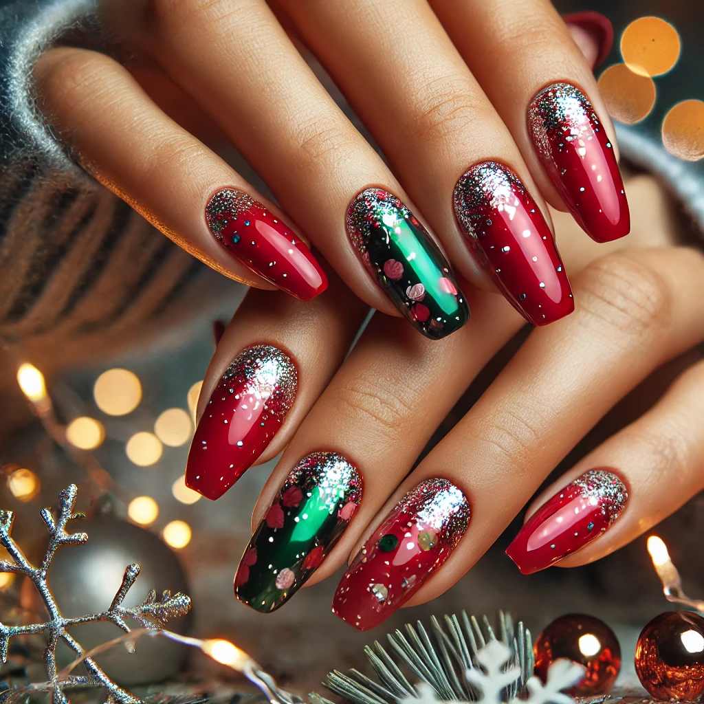 Red and Green Nails with Silver Foil Flakes