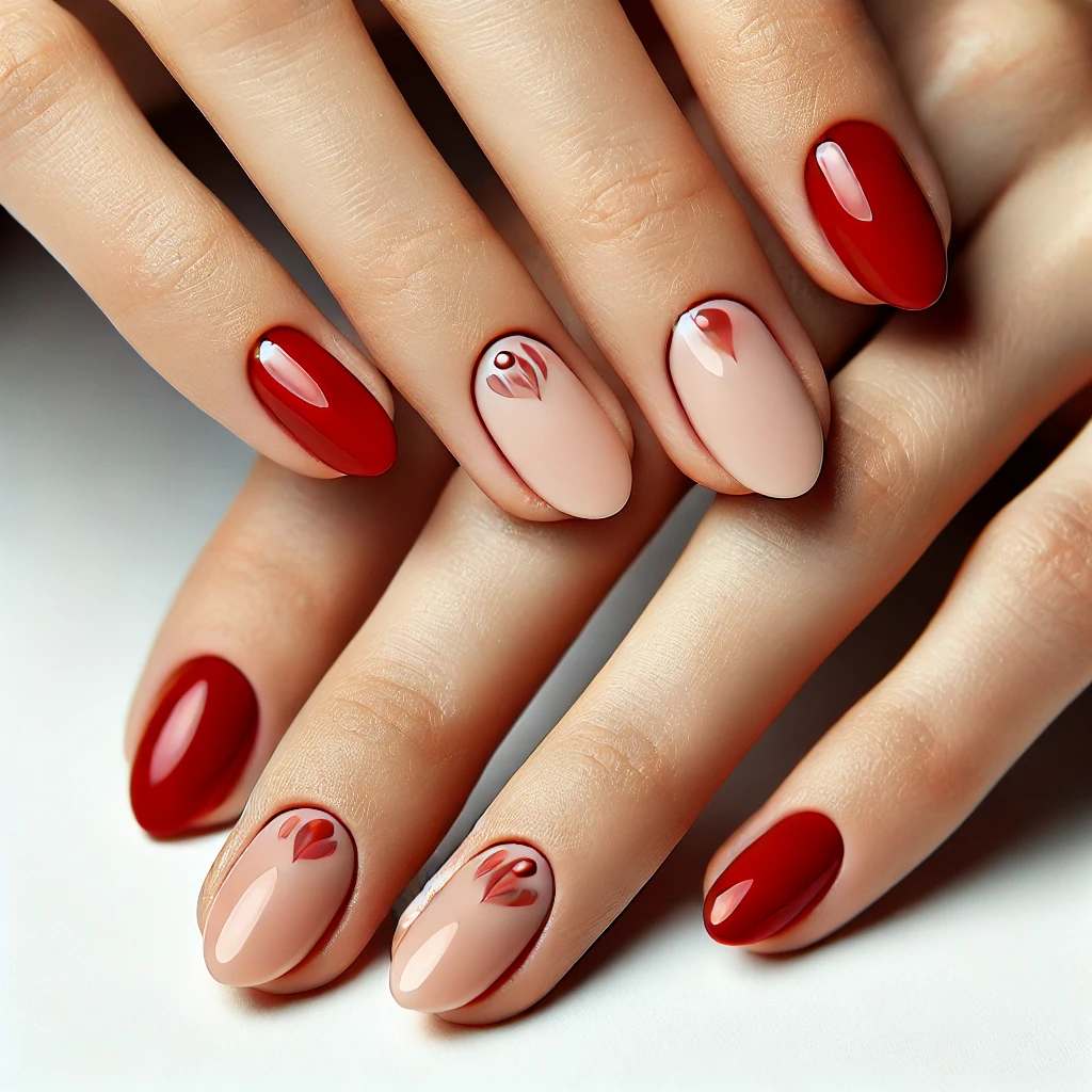 Red and Nude Almond Nails