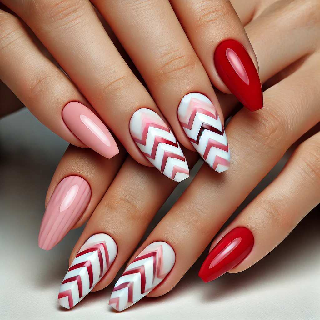 Red and Pink Chevron Coffin Nails