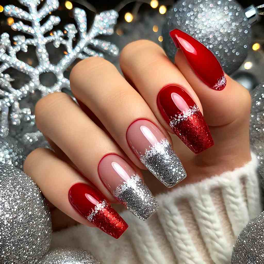 Red and Silver Glitter Ombre Tips