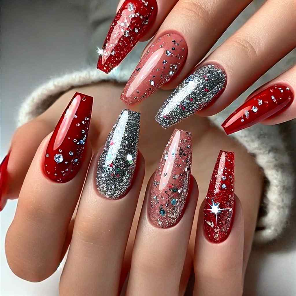 Red and Silver Sparkle Coffin Nails