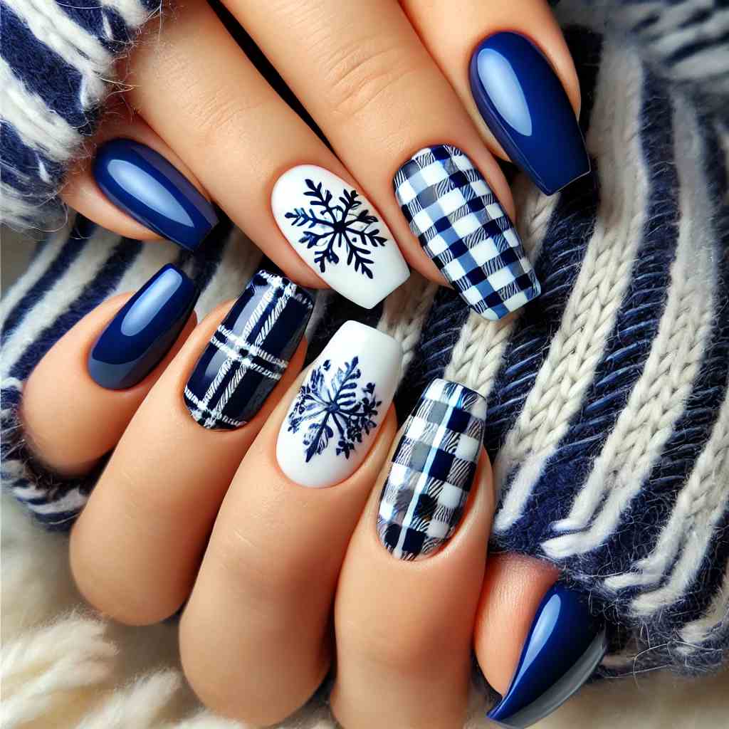 Royal Blue Nails with Delicate Snowflake Plaid