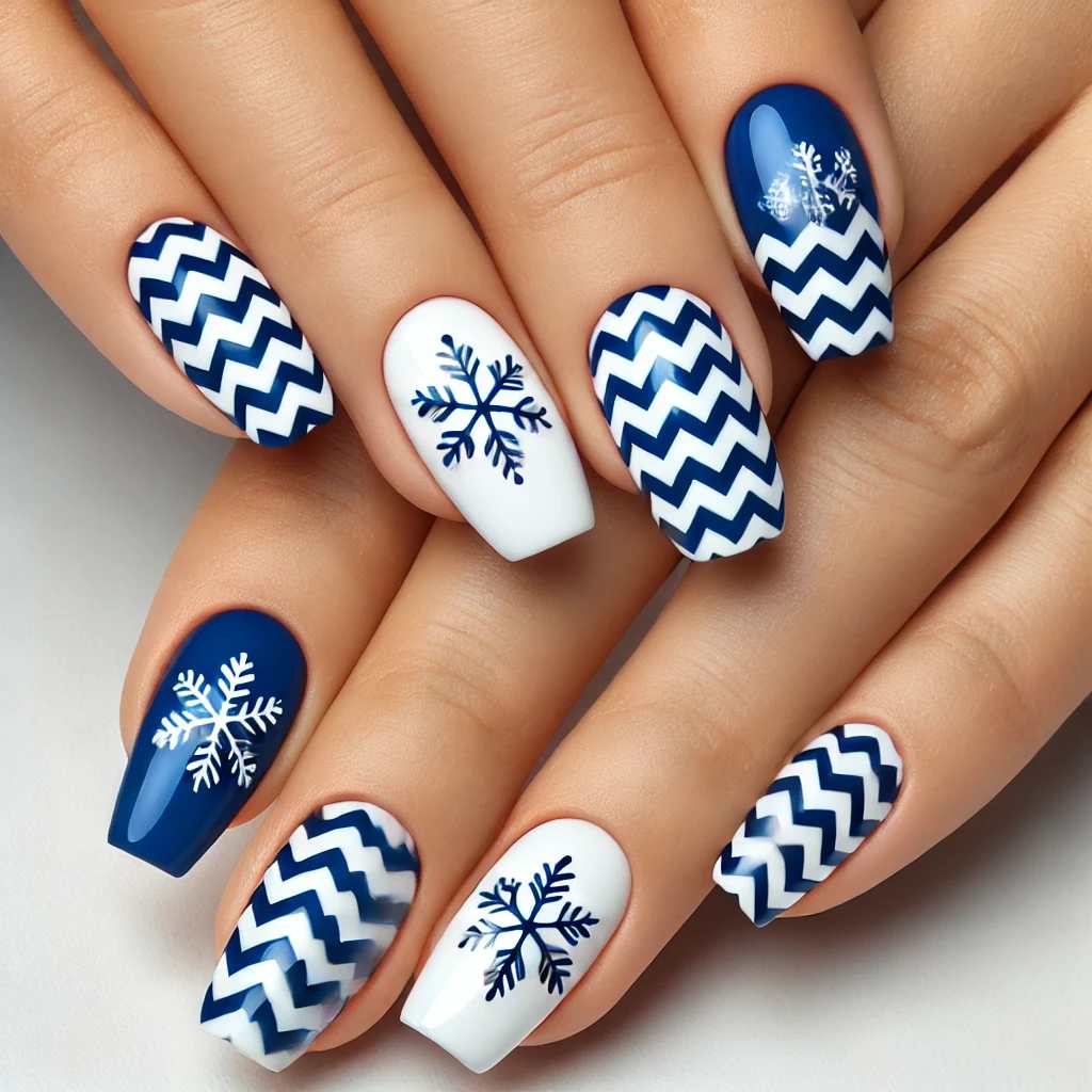 Royal Blue and White Chevron with Snowflakes