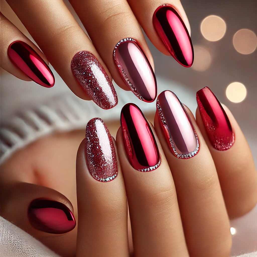 Ruby Red Chrome with Glitter Tips