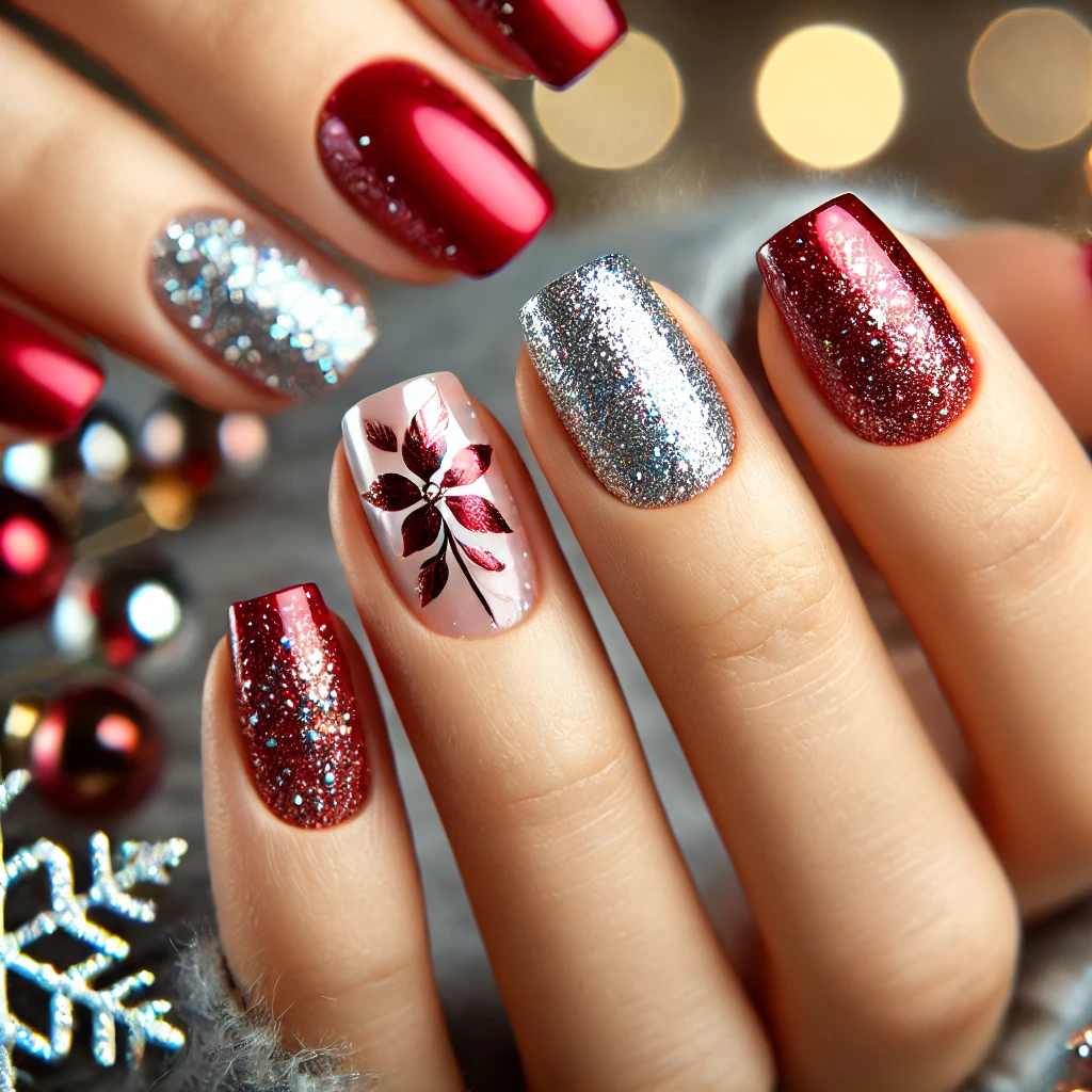 Ruby Red Nails with Silver Foil and Glitter