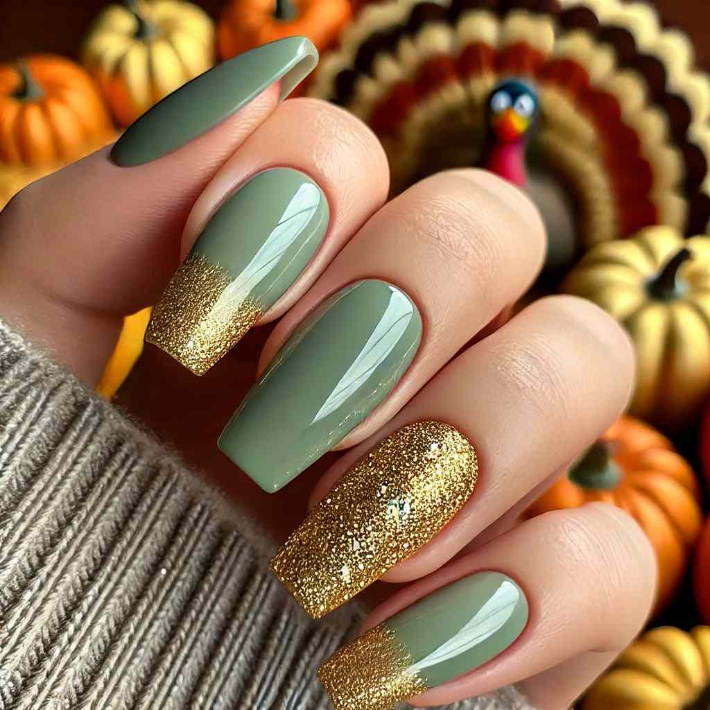 Sage Green Ombre with Glitter Tips