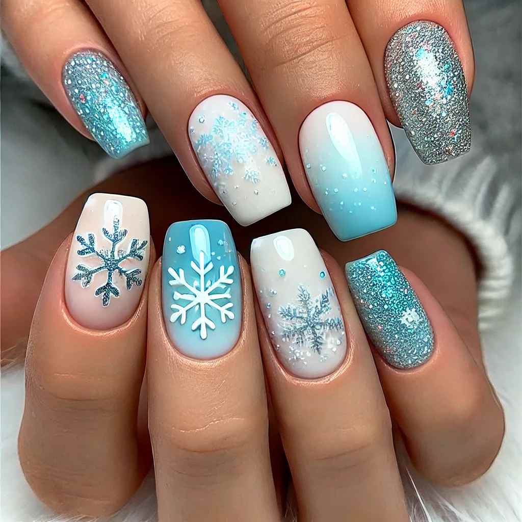 Sky Blue and White Gradient with Glittery Snowflakes