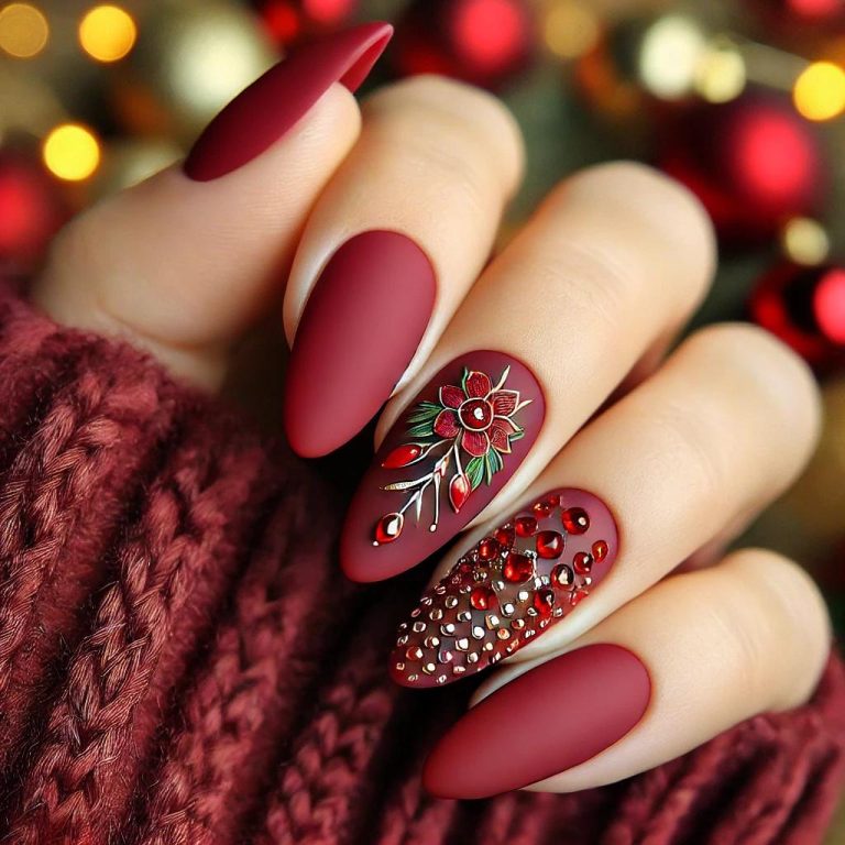 Sparkling Cherry Red Gel Christmas Nail Ideas with Rhinestones