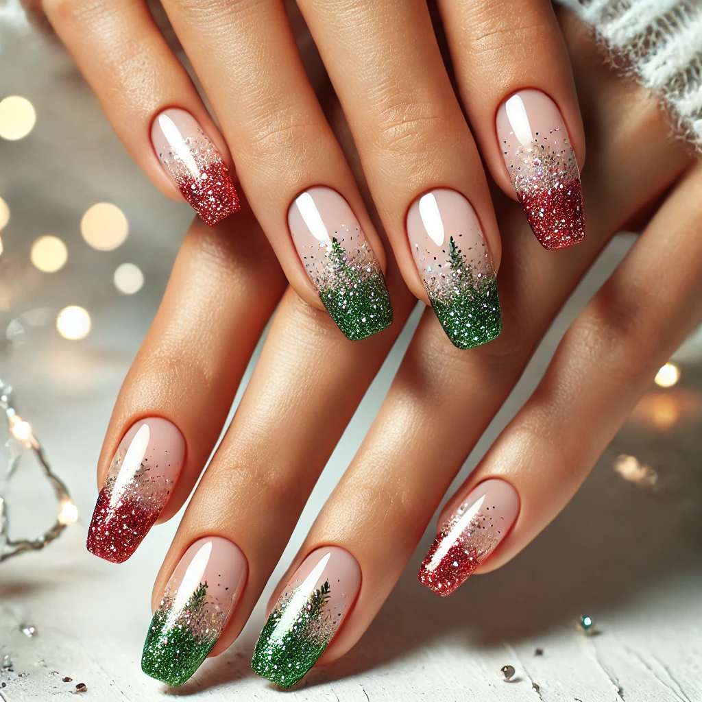 Sparkling French Tips in Green & Red