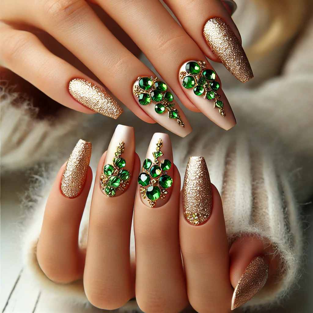 Sparkling Gold with Green Rhinestone Clusters