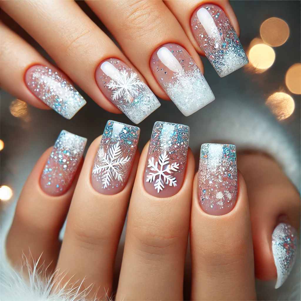 Sparkling Snowy Tips on Nails