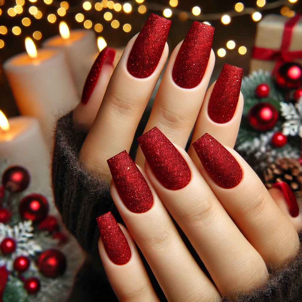 Velvet Red Sparkle Nails