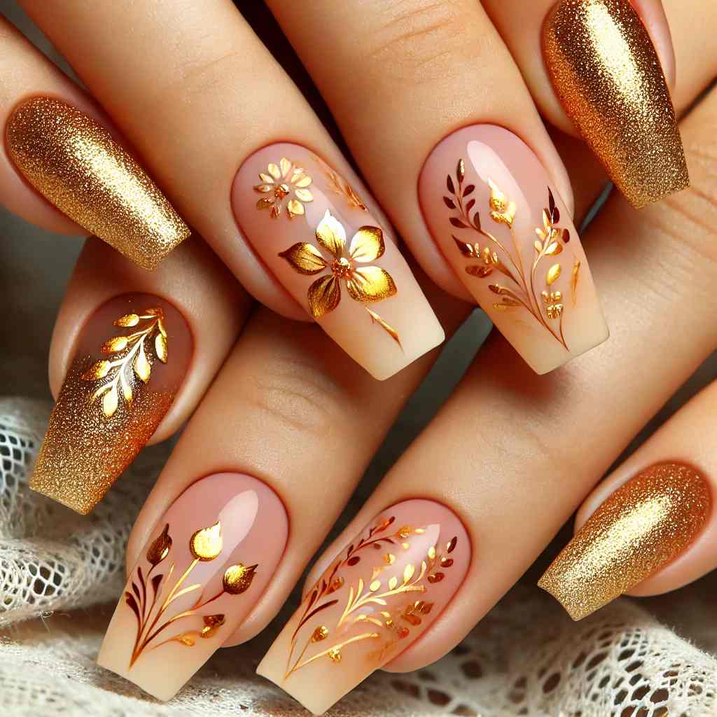 Warm Beige Floral with Gold Ombre Tips