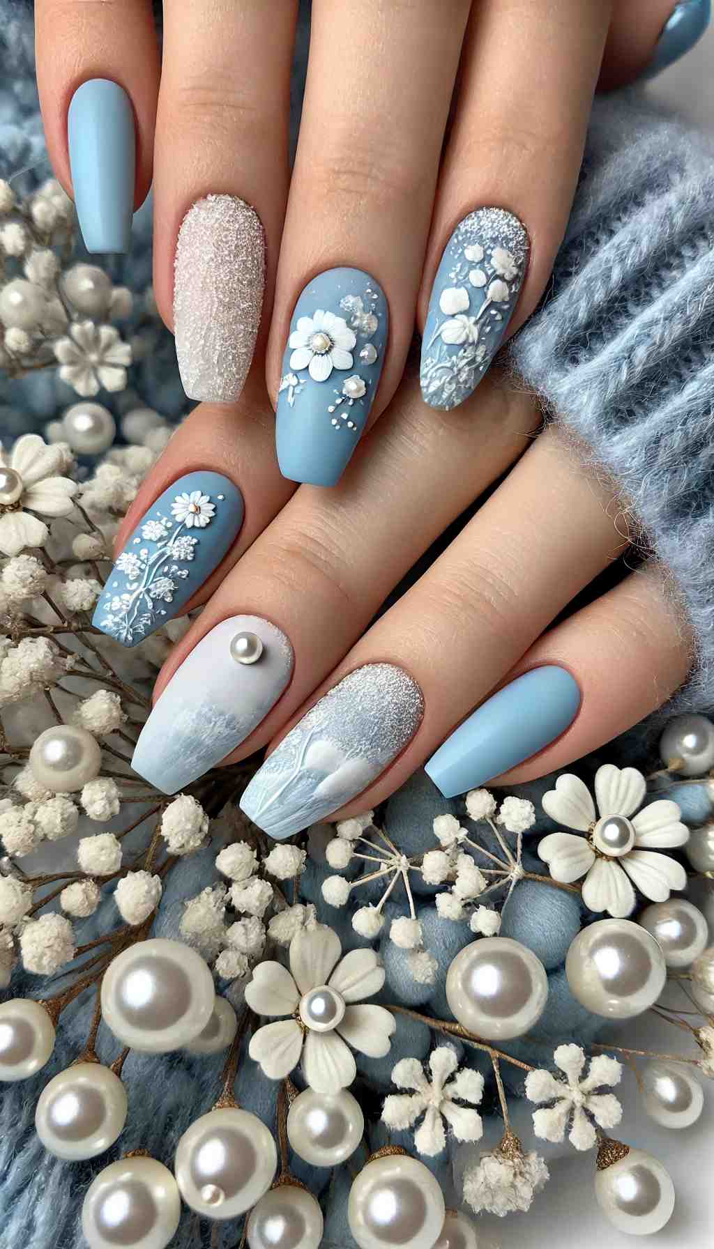 White Florals on Frosty Blue