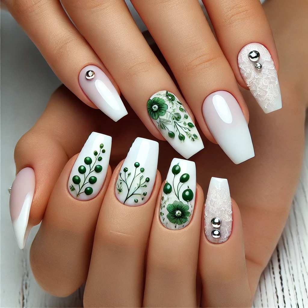 White with Green Floral Accents and Silver Stones