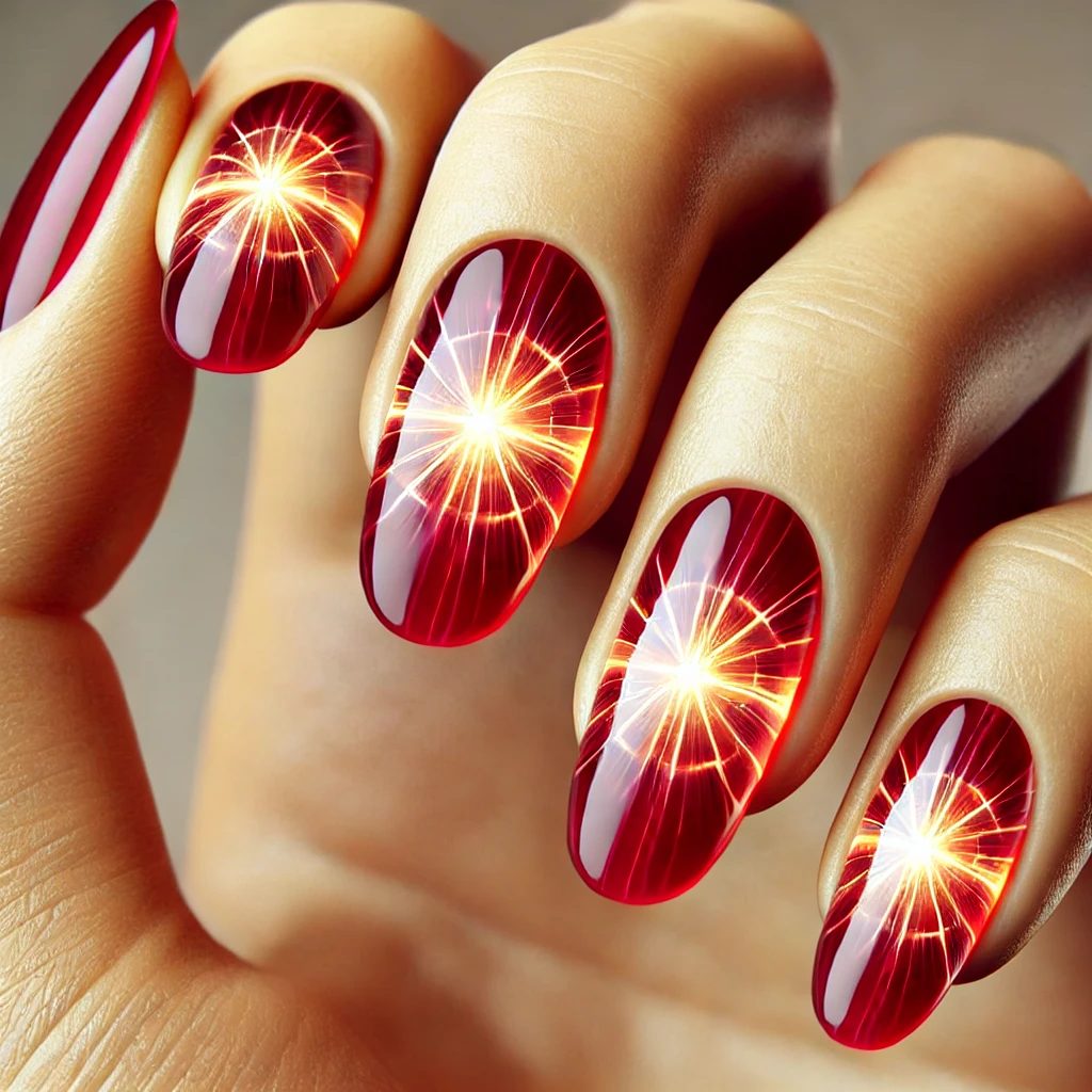 3D Cat’s Eye Cherry Red Nails