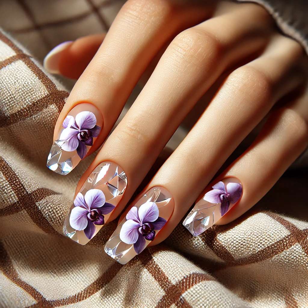 A Nice Set of French Tips with Purple Floral Vinework