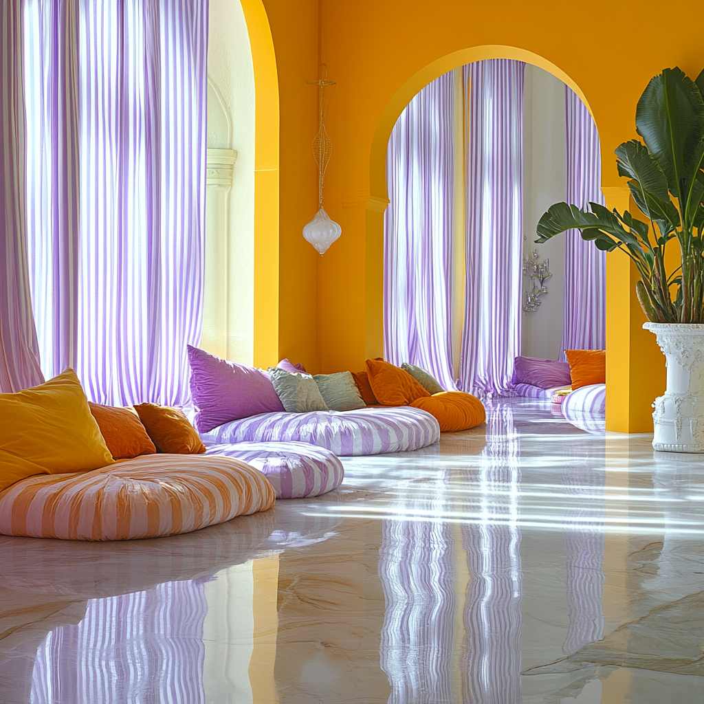 A vibrant room with striped lavender an