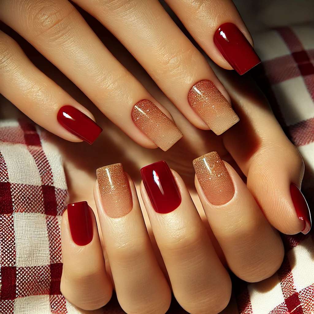 Cherry Red Nails with Gold Sparkle Ombre