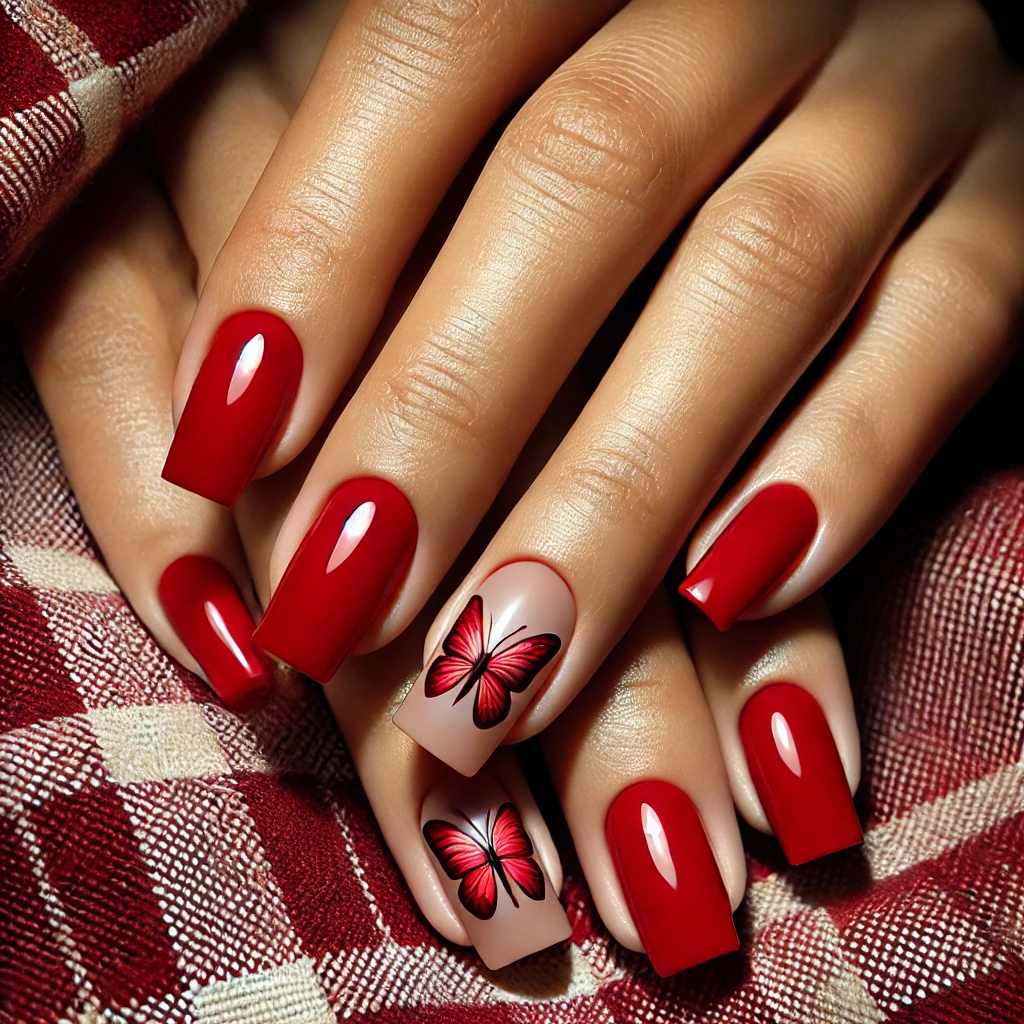 Butterfly Shape Nail Art in Red