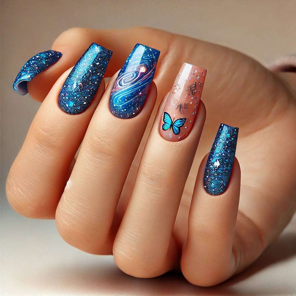 Blue Glitter Galaxy Butterfly Nails